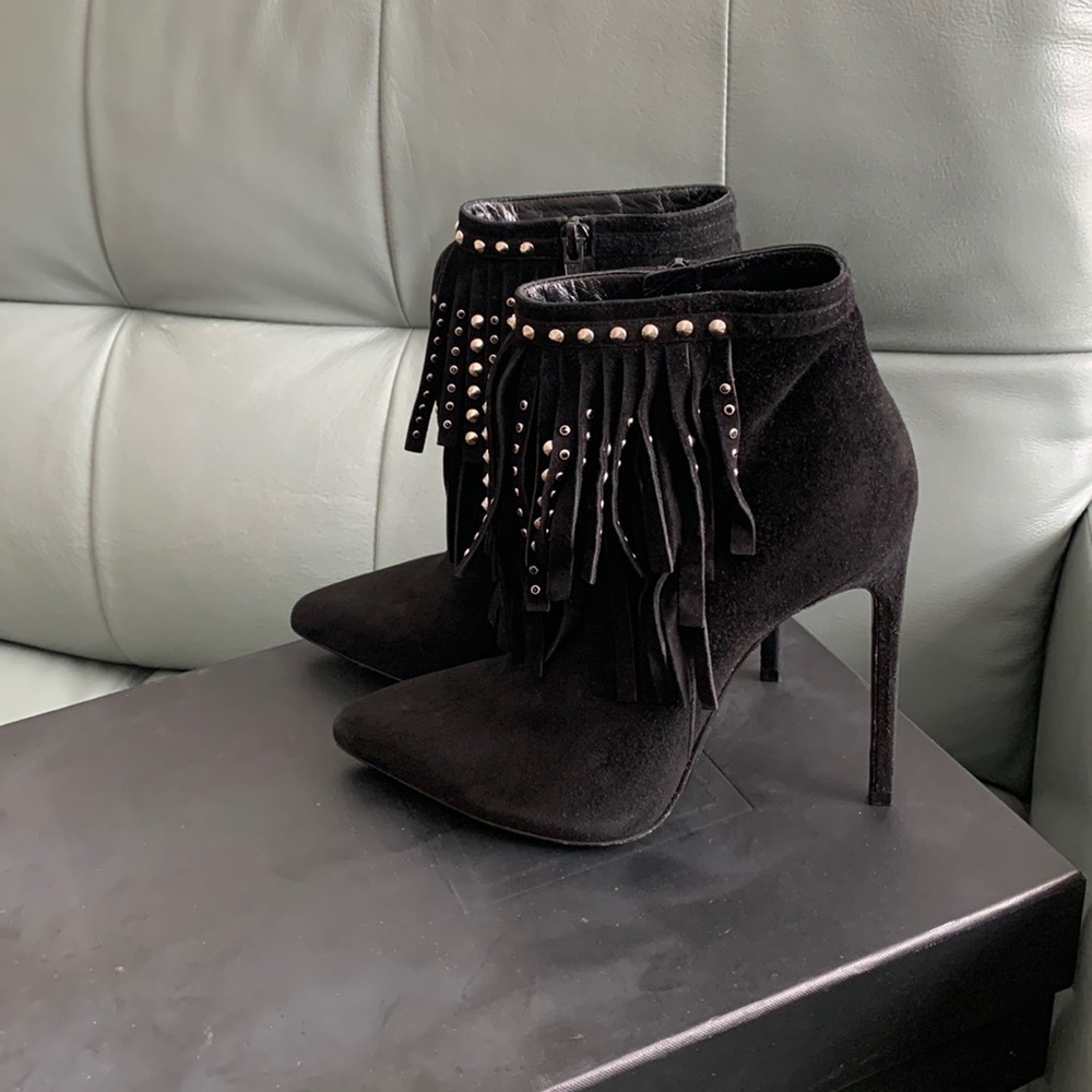 Saint Laurent Black Suede Studded-fringe Bootie - Picture 5 of 15